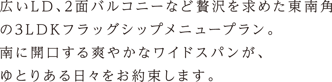 広いLD、2面バルコニーなど贅沢を求めた東南角の3LDKフラッグシップメニュープラン。南に開口する爽やかなワイドスパンが、ゆとりある日々をお約束します。