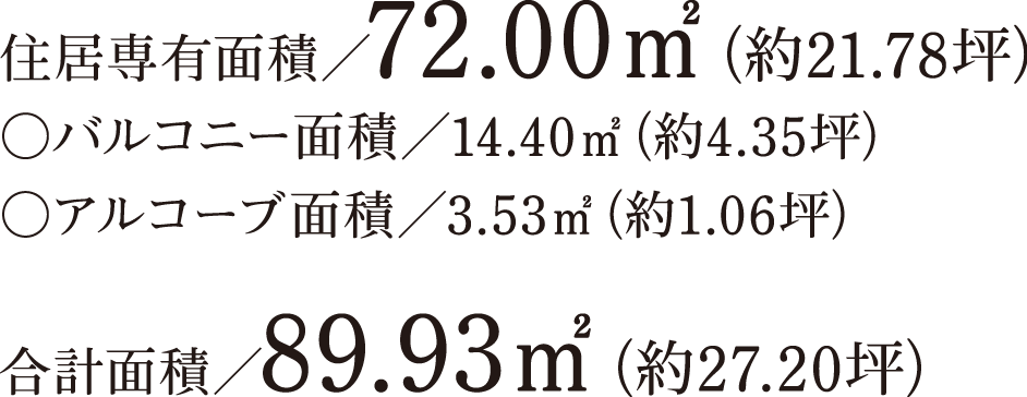 住居専有面積 / 72.00㎡（約21.78坪）バルコニー面積 / 14.40㎡（約4.35坪）アルコーブ面積 / 3.53㎡（約1.06坪）合計面積 / 89.93㎡（約27.20坪）