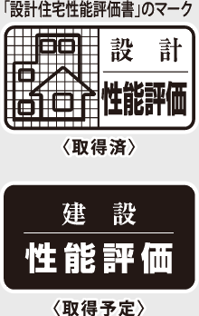 「設計住宅性能評価書」のマーク（取得済）／建設性能評価（取得予定）